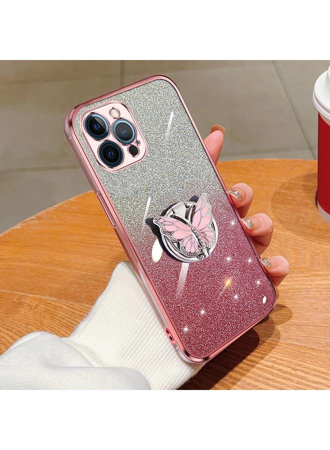 اس-توب جراب لهاتف iPhone 12 Pro Max مطلي بطبقة لامعة متدرجة اللون من مادة TPU مع حامل على شكل فراشة - Image 1