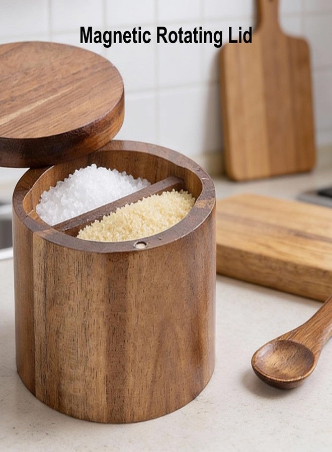 Hooshion Acacia Salt Cellar with Dual Compartments, Wooden Salt Box, Kitchen Spice Keeper, with Magnetic Swivel Lids, for Salt and Pepper or Spices - Image 5