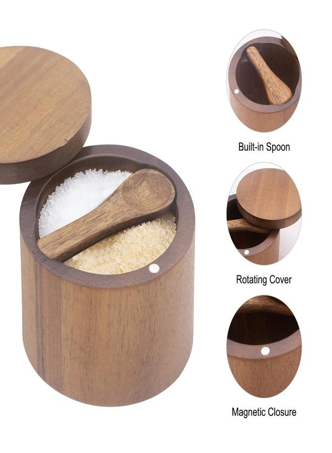 Hooshion Acacia Salt Cellar with Dual Compartments, Wooden Salt Box, Kitchen Spice Keeper, with Magnetic Swivel Lids, for Salt and Pepper or Spices - Image 3