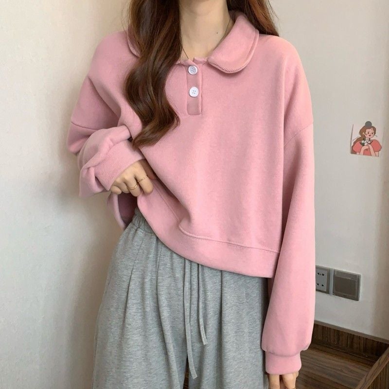 Spring and Autumn Polo Collar Long-sleeved Sweatshirt Womens Short oversize Design American Style Retro Hoodless Top Pink - Image 1
