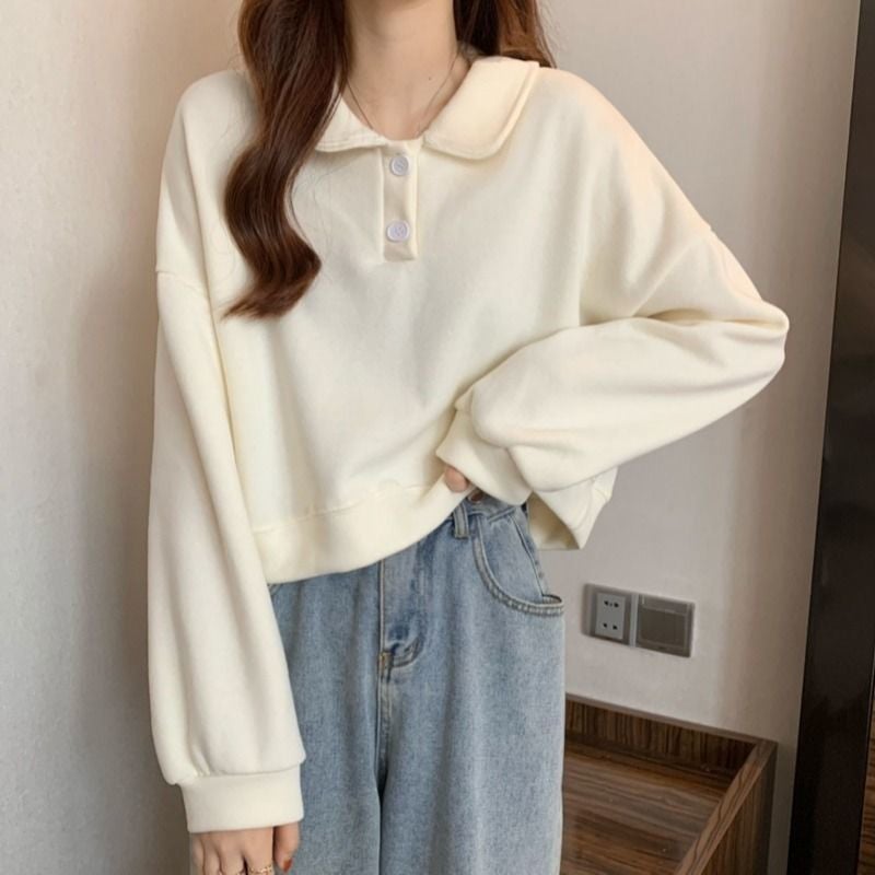 Spring and Autumn Polo Collar Long-sleeved Sweatshirt Womens Short oversize Design American Style Retro Hoodless Top Pink - Image 3