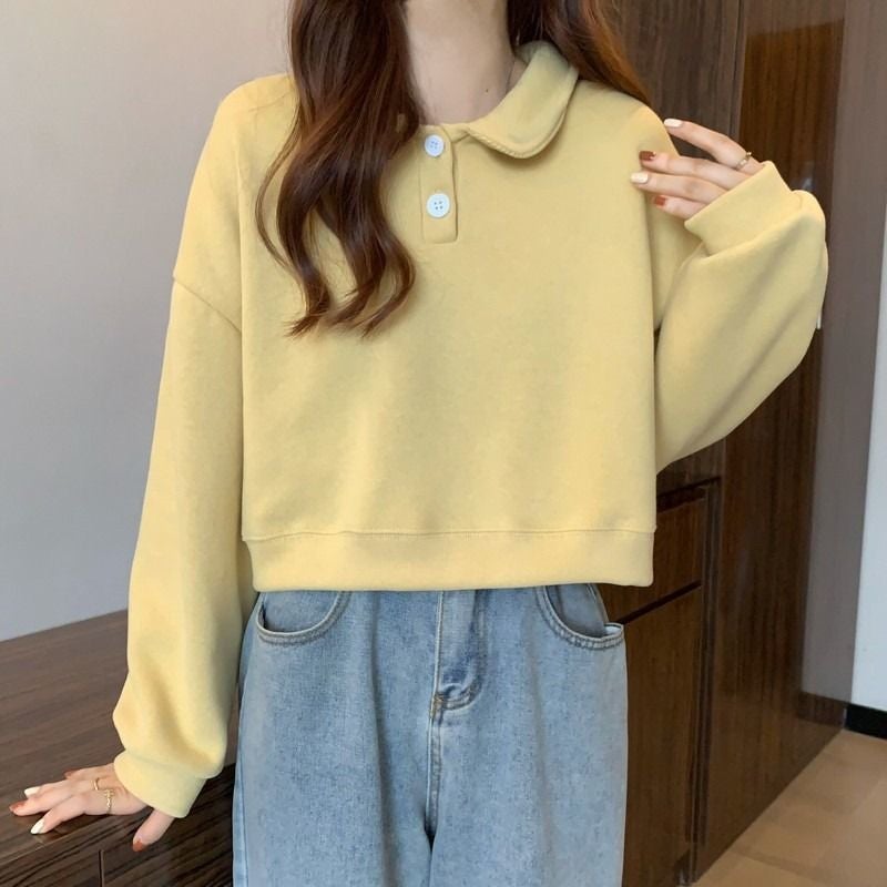 Spring and Autumn Polo Collar Long-sleeved Sweatshirt Womens Short oversize Design American Style Retro Hoodless Top Pink - Image 2