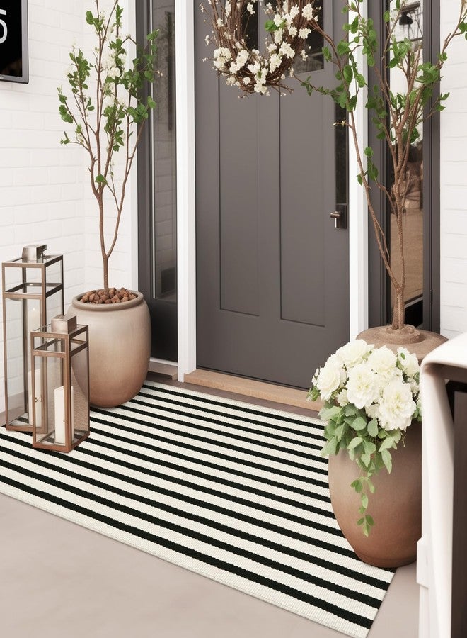 Sungea Striped Outdoor Fall Front Door Mat 24"x51", Washable Black and White Rug Runner Cotton Hand Woven Indoor Layered Doormat, Reversible Foldable Door Rugs for Entryway/Farmhouse/Home Entrance - Image 1