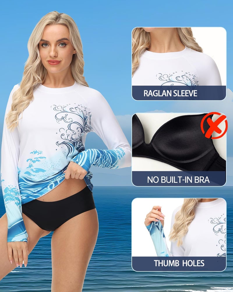 VAYAGER Womens Rash Guard UPF 50+ Swim Shirts Long Sleeve Quick Dry Water Beach Surfing Swimming Tops with Thumb Hole(White Waves M) - Image 4