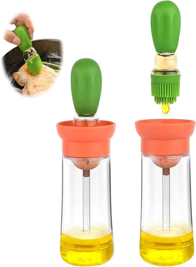 FARI Glass Olive Oil Dispenser Bottle with Silicone Brush 2 in 1 for Kitchen Cooking Frying Baking BBQ Pancake (1, Green)