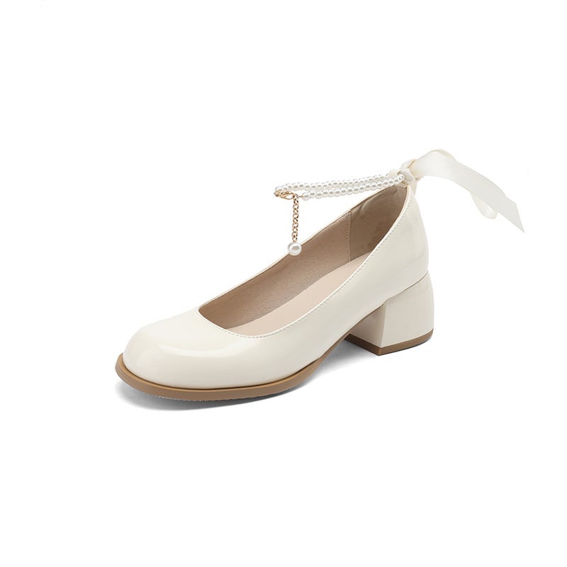 Spring 2024 Fashion High Heel Bow 33-43 Size Pearl Shallow Mouth Single Shoes - Image 1