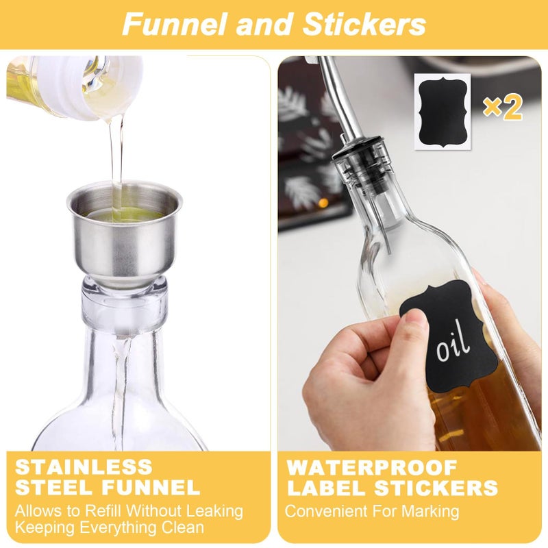 MEIDAYAI Olive Oil Dispenser Bottle, 1 Pcs Glass Oil and Vinegar Dispenser Set with 2 Stainless Steel Pourers, 2 Labels,1 Brush and 1 Funnel Oil Bottles for Kitchen (17oz/500ml) - Image 4