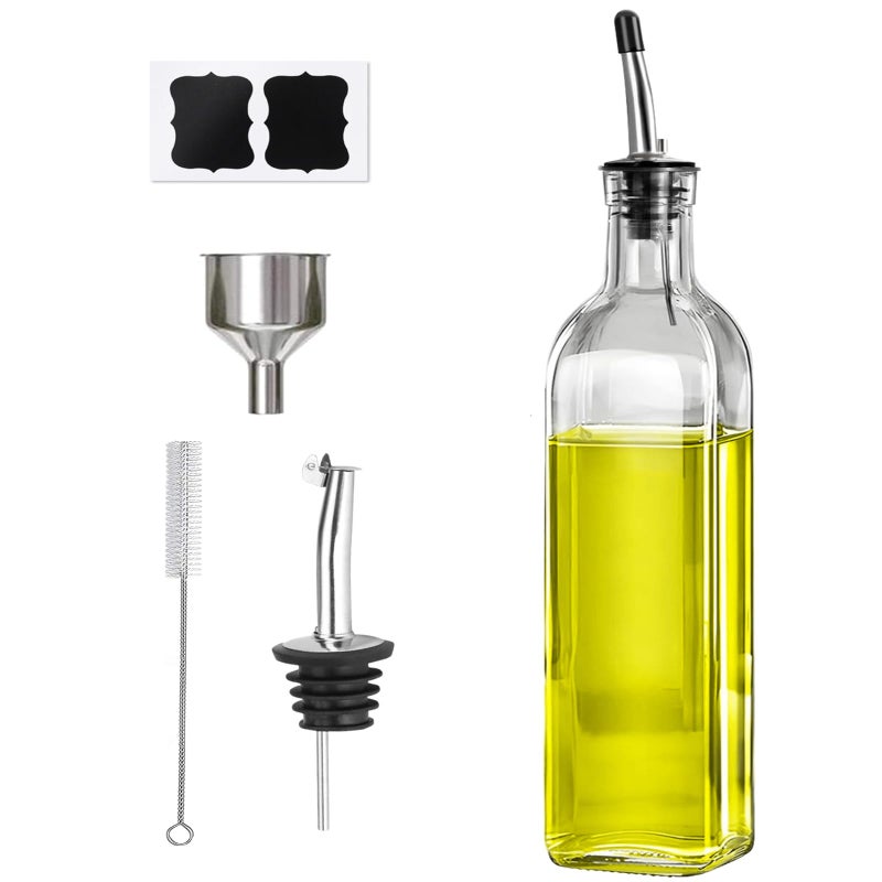 MEIDAYAI Olive Oil Dispenser Bottle, 1 Pcs Glass Oil and Vinegar Dispenser Set with 2 Stainless Steel Pourers, 2 Labels,1 Brush and 1 Funnel Oil Bottles for Kitchen (17oz/500ml) - Image 1