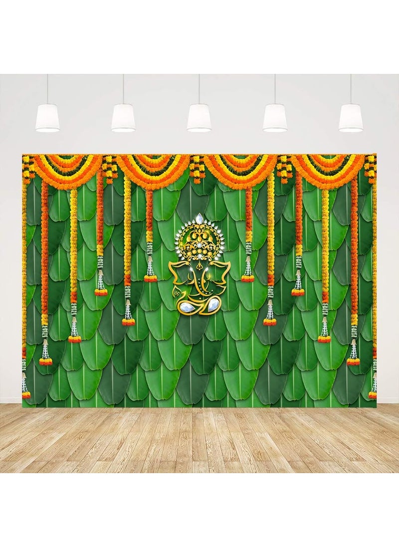 Ticuenicoa Ticuenicoa India Pooja Traditional Backdrop 7x5ft Banana Leaf Green Chatiya Ganesh Photography Background Puja Ganpati Pooja Mehndi backdrops Wedding Party Decorations Marigold Garlands Photo Props  - Image 1