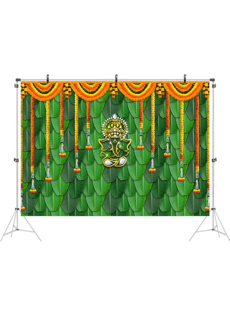 Ticuenicoa Ticuenicoa India Pooja Traditional Backdrop 7x5ft Banana Leaf Green Chatiya Ganesh Photography Background Puja Ganpati Pooja Mehndi backdrops Wedding Party Decorations Marigold Garlands Photo Props  - Image 2