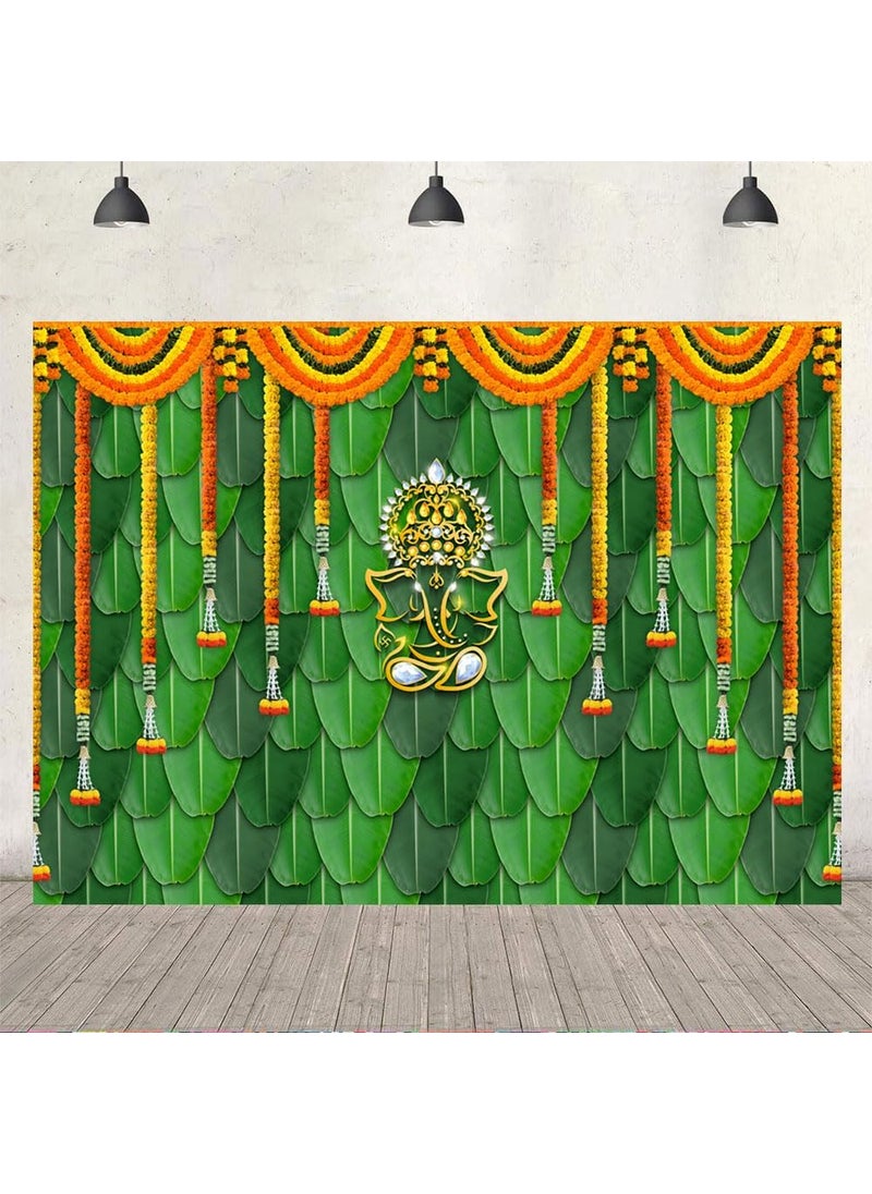 Ticuenicoa Ticuenicoa India Pooja Traditional Backdrop 7x5ft Banana Leaf Green Chatiya Ganesh Photography Background Puja Ganpati Pooja Mehndi backdrops Wedding Party Decorations Marigold Garlands Photo Props  - Image 4
