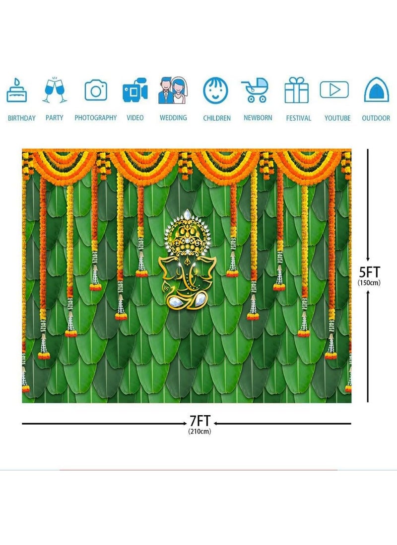 Ticuenicoa Ticuenicoa India Pooja Traditional Backdrop 7x5ft Banana Leaf Green Chatiya Ganesh Photography Background Puja Ganpati Pooja Mehndi backdrops Wedding Party Decorations Marigold Garlands Photo Props  - Image 3