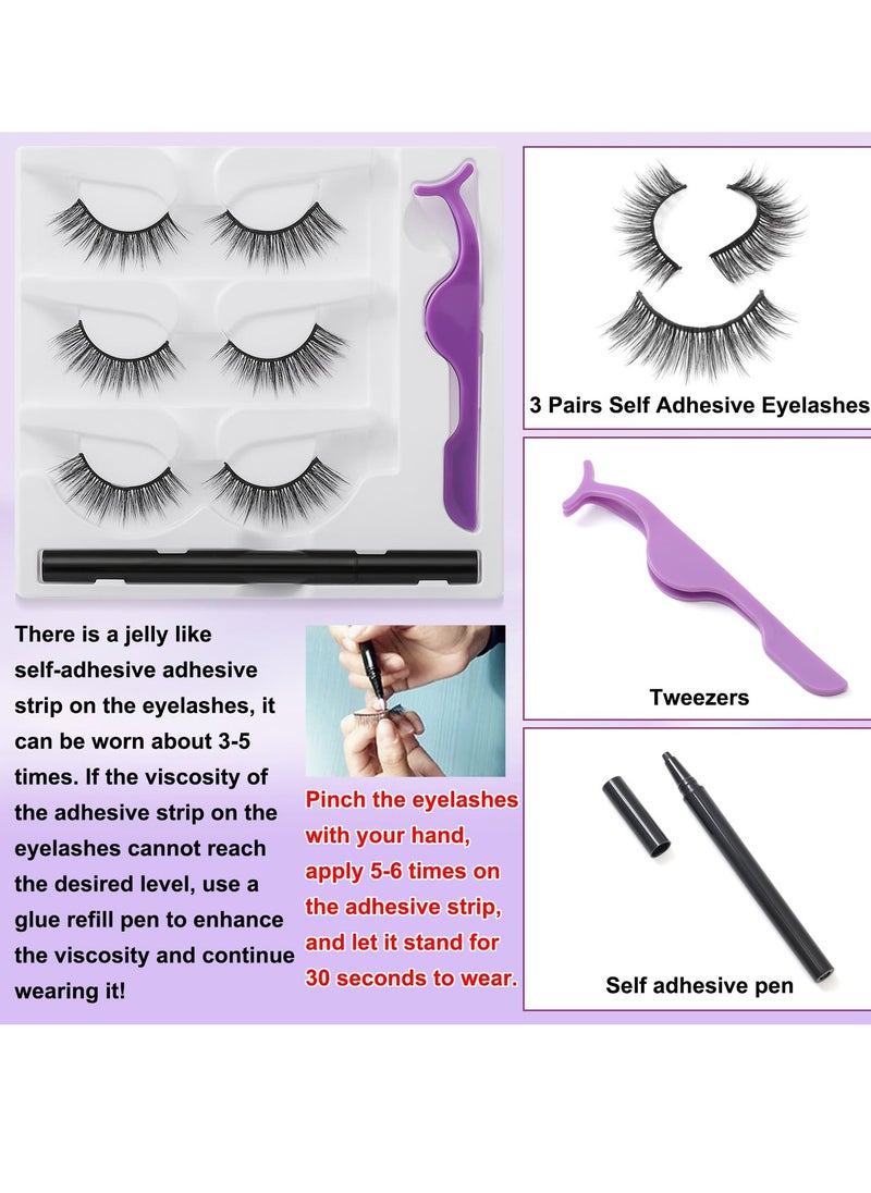 Excefore - Waterproof Self-Adhesive Eyelashes with Eyelash Glue Pen - 3 Pairs of Reusable Wispy Fluffy Lashes for a Natural Look, Easy DIY Extension at Home for Beginners (Natural) - Image 1