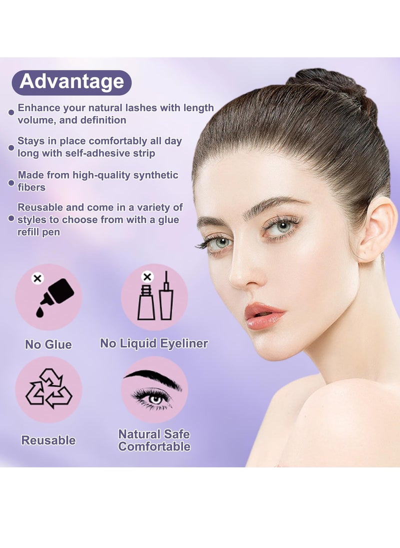 Excefore - Waterproof Self-Adhesive Eyelashes with Eyelash Glue Pen - 3 Pairs of Reusable Wispy Fluffy Lashes for a Natural Look, Easy DIY Extension at Home for Beginners (Natural) - Image 1