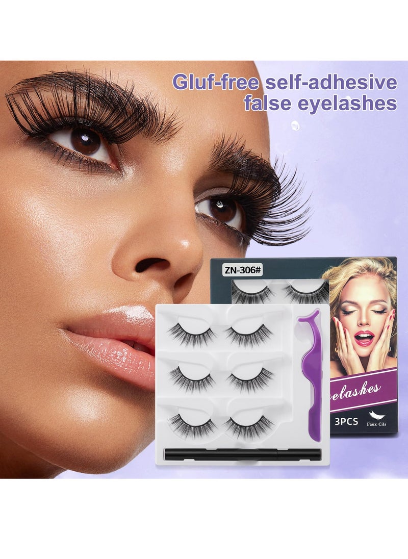 Excefore - Waterproof Self-Adhesive Eyelashes with Eyelash Glue Pen - 3 Pairs of Reusable Wispy Fluffy Lashes for a Natural Look, Easy DIY Extension at Home for Beginners (Natural) - Image 1