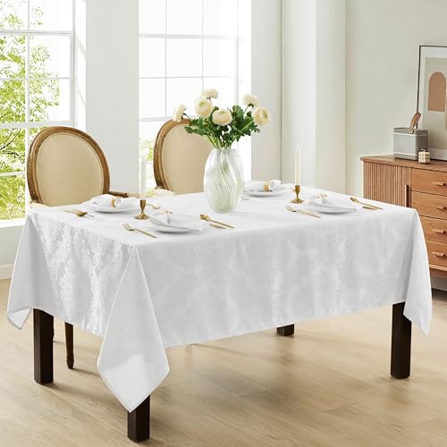 Newbridge Barcelona Luxury Damask Fabric Tablecloth, 52” Wide x 70” Rectangle, White, 100% Polyester, No Iron, Soil Resistant Dining Room, Party and Banquet Table Cover - Image 2