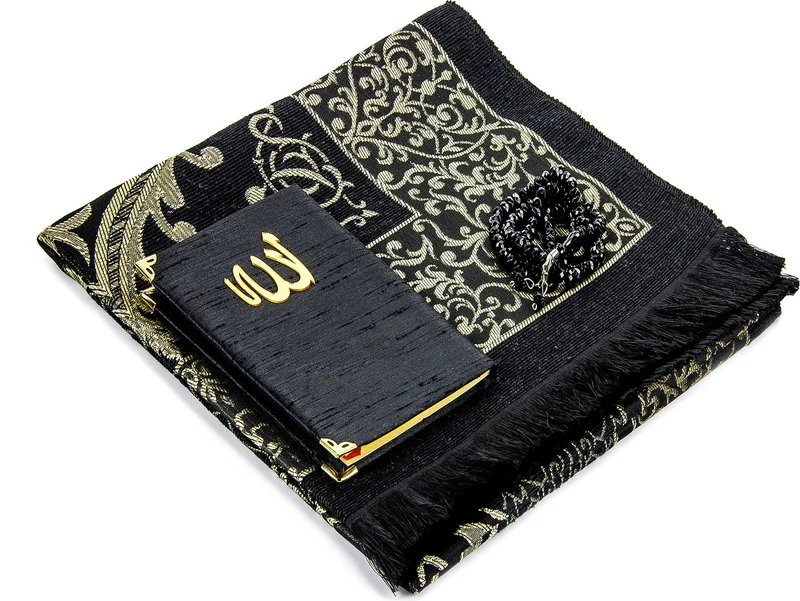 İhvan Online Prayer Rug Set - Slub Covered Yasin - Prayer Rug - Prayer Beads - Black Color