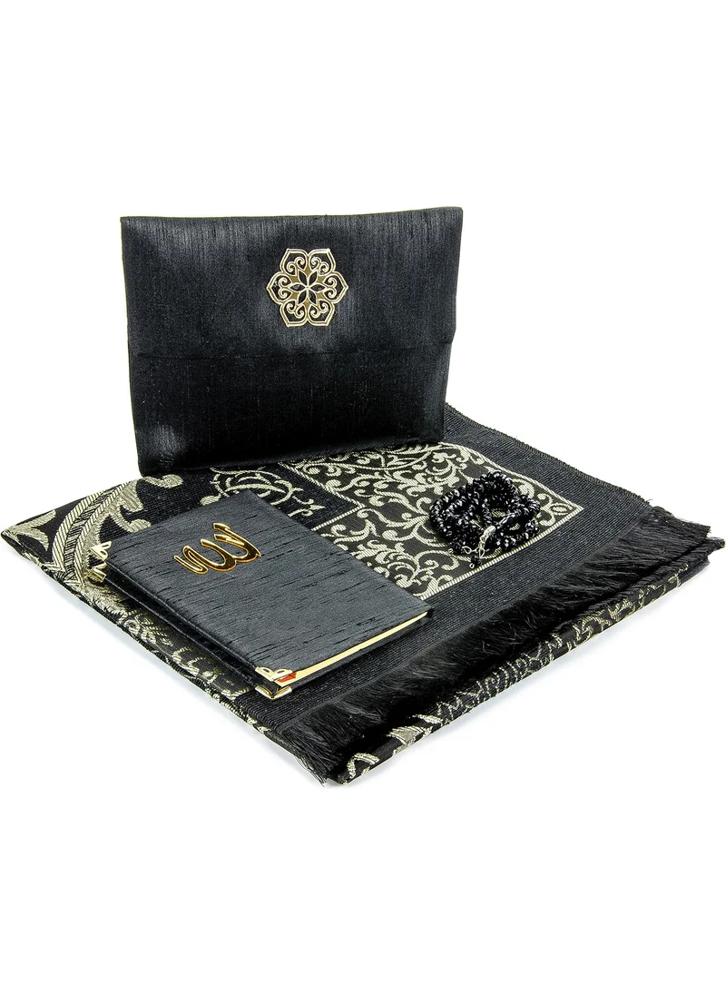 İhvan Online Prayer Rug Set - Slub Covered Yasin - Prayer Rug - Prayer Beads - Black Color