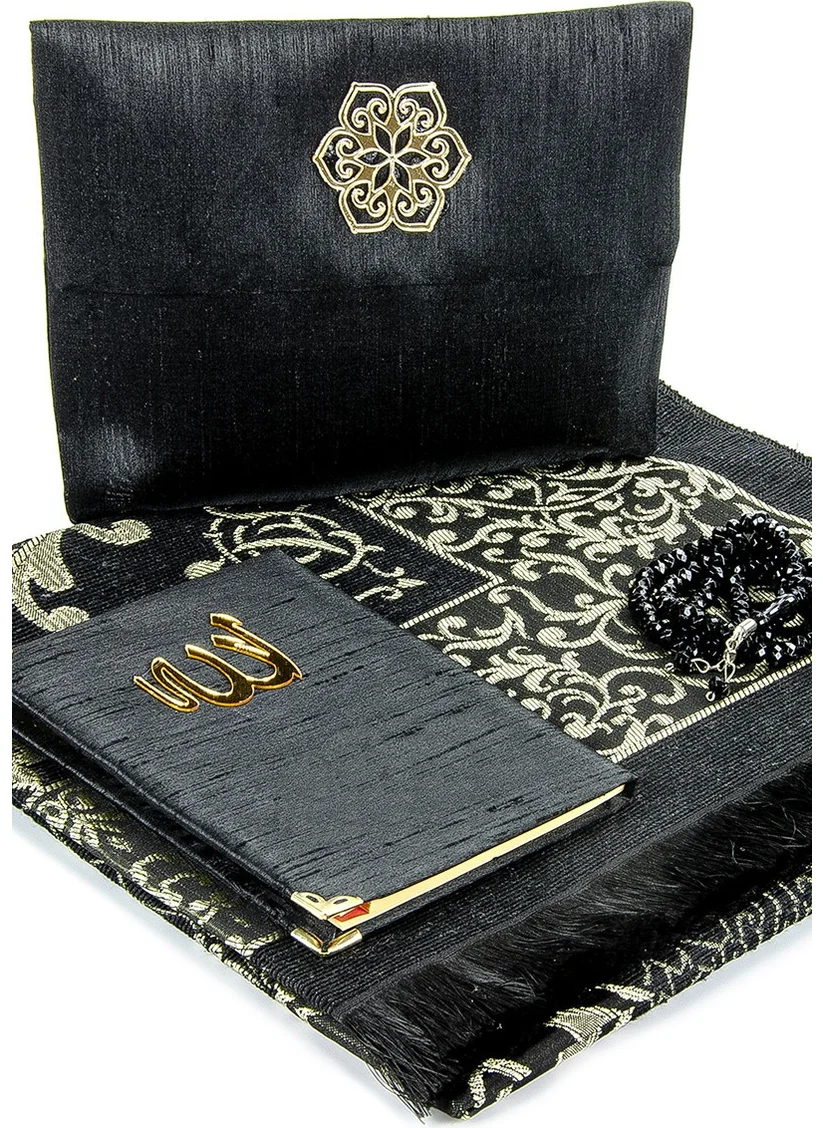 İhvan Online Prayer Rug Set - Slub Covered Yasin - Prayer Rug - Prayer Beads - Black Color