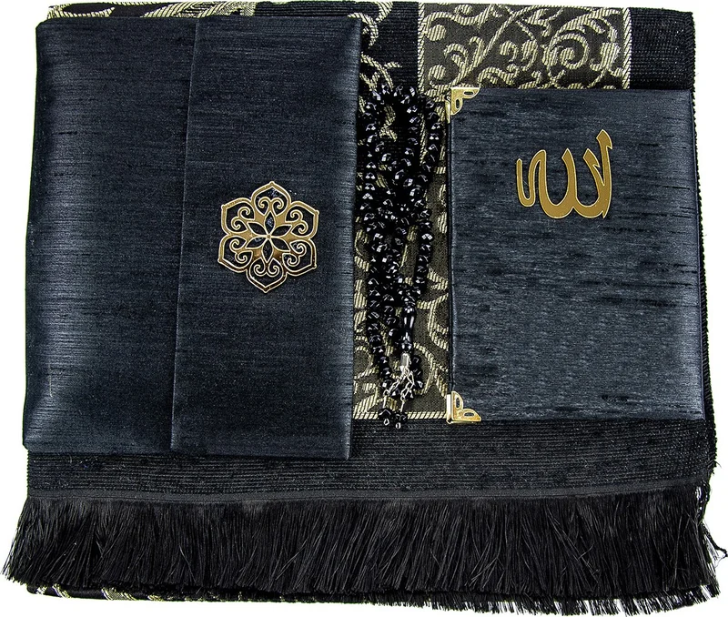 İhvan Online Prayer Rug Set - Slub Covered Yasin - Prayer Rug - Prayer Beads - Black Color