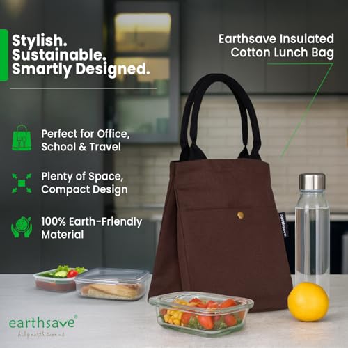 earthsave Insulated Lunch Bag for Office Women & Men (Brown) | Eco-Friendly Canvas Tiffin Bags for School, Cotton Drawstring Lunch Bag for Kids| Cloth Lunch Box Bags - Image 2