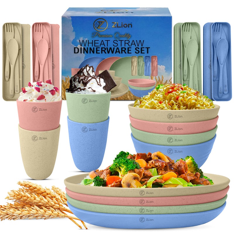 Premium Quality 28pcs Wheat Straw Dinnerware Sets of 4 Plates Bowls Cups  Cutlery wCase Microwave  Dishwasher Safe Great Indoor  Outdoor Kitchen Set Plates  Bowls Set for Kids  Elderly
