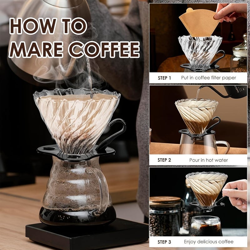 Pour Over Coffee Maker 20oz Glass Coffee Dripper Filter With Spoon And Lid Portable V60 Style Drip Coffee Carafe Hand Brewed Coffee Server For Home Office Use - Image 5
