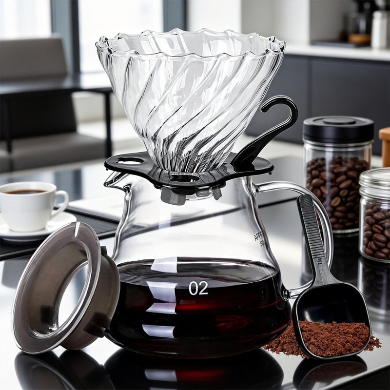 Pour Over Coffee Maker 20oz Glass Coffee Dripper Filter With Spoon And Lid Portable V60 Style Drip Coffee Carafe Hand Brewed Coffee Server For Home Office Use - Image 3