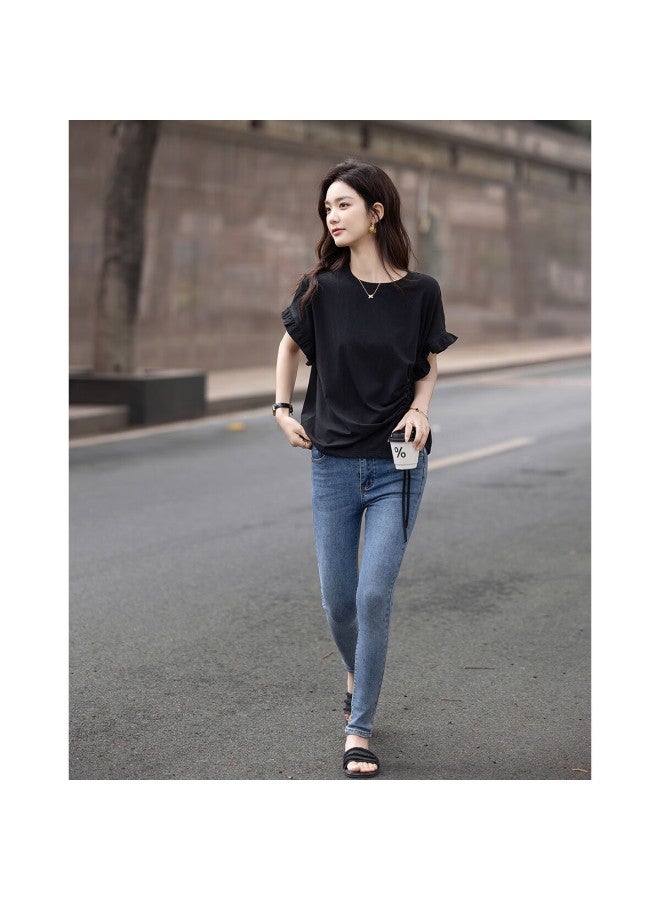 Dme Summer Design Side Drawstring Pleated Base Shirt Comfortable Cotton-spandex Loose Women's T-shirt - Image 3