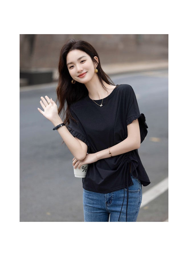 Dme Summer Design Side Drawstring Pleated Base Shirt Comfortable Cotton-spandex Loose Women's T-shirt - Image 5
