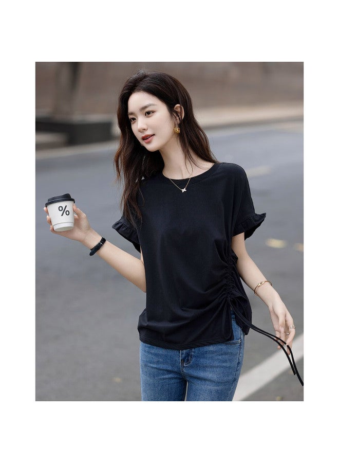 Dme Summer Design Side Drawstring Pleated Base Shirt Comfortable Cotton-spandex Loose Women's T-shirt - Image 2