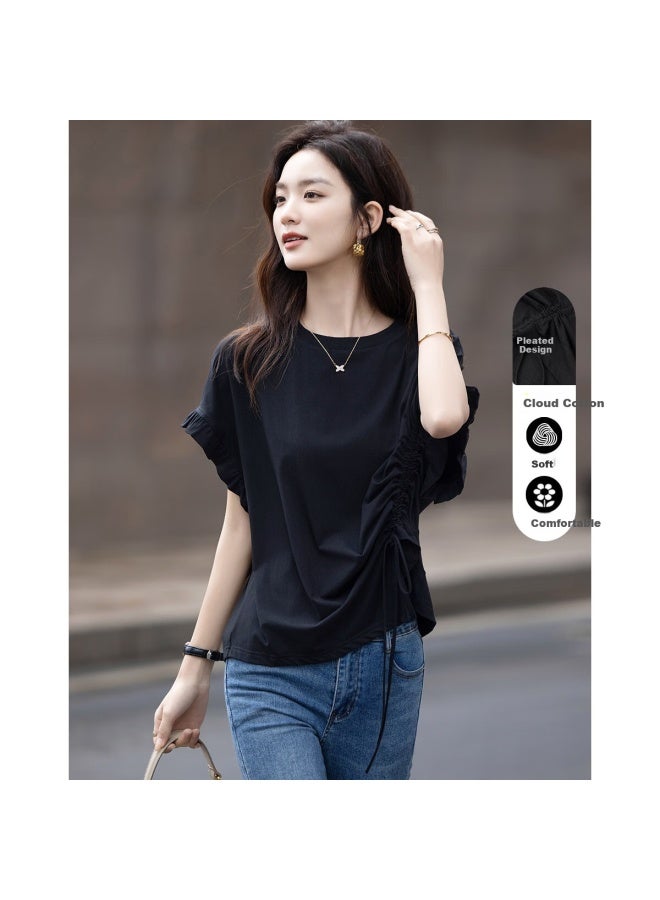 Dme Summer Design Side Drawstring Pleated Base Shirt Comfortable Cotton-spandex Loose Women's T-shirt - Image 1
