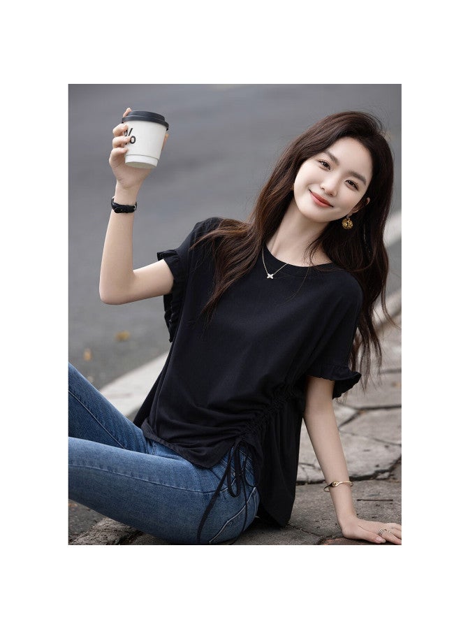 Dme Summer Design Side Drawstring Pleated Base Shirt Comfortable Cotton-spandex Loose Women's T-shirt - Image 4