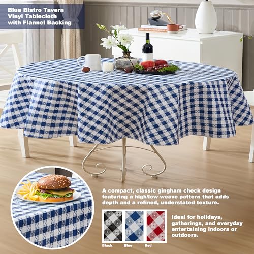 Newbridge 60 x 84 Inch Oval Vinyl Tablecloth with Flannel Backing, Bistro Tavern Check, Café Checkered Indoor Outdoor Vinyl Table Cover for Picnic, Barbecue and Patio Dining, Blue - Image 2