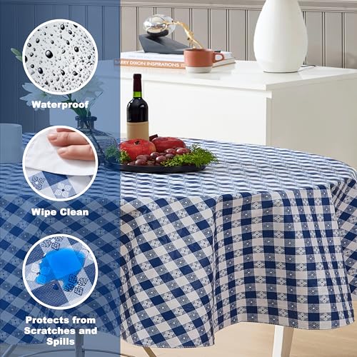 Newbridge 60 x 84 Inch Oval Vinyl Tablecloth with Flannel Backing, Bistro Tavern Check, Café Checkered Indoor Outdoor Vinyl Table Cover for Picnic, Barbecue and Patio Dining, Blue - Image 3
