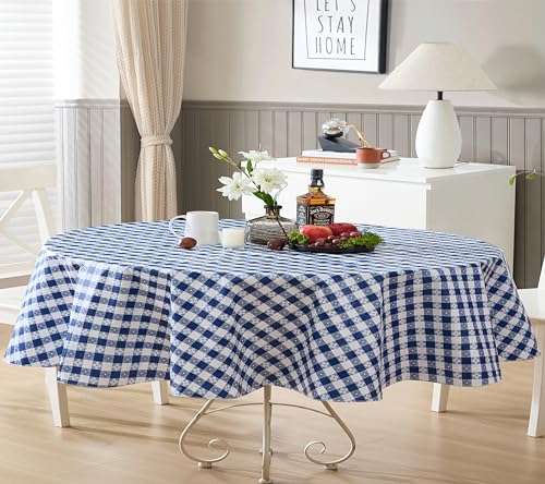 Newbridge 60 x 84 Inch Oval Vinyl Tablecloth with Flannel Backing, Bistro Tavern Check, Café Checkered Indoor Outdoor Vinyl Table Cover for Picnic, Barbecue and Patio Dining, Blue - Image 1