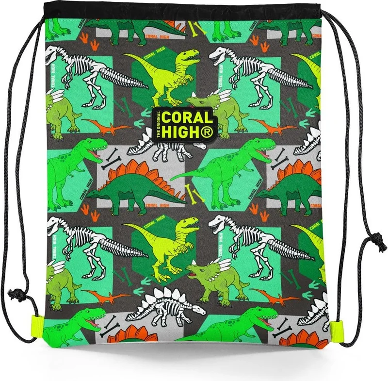 CORAL HIGH Kids Gray Green Dinosaur Patterned Drawstring Backpack 22677