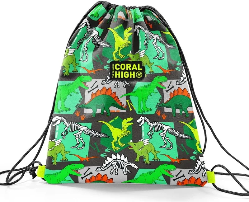 CORAL HIGH Kids Gray Green Dinosaur Patterned Drawstring Backpack 22677