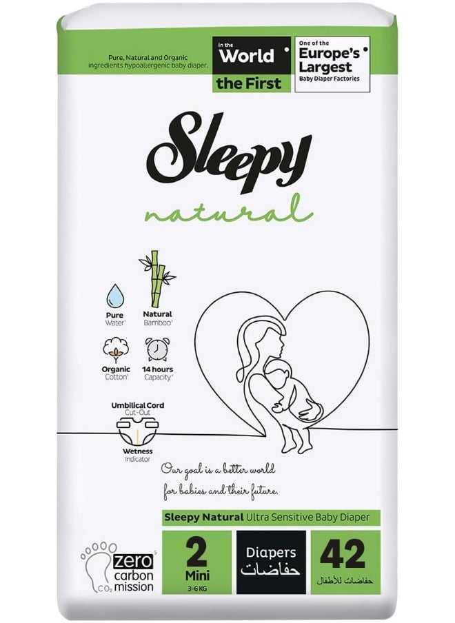 Sleepy - Natural Size 2, Newborn, 42 Count, 3-6Kg Hypoallergenic Baby Dry Diapers, Organic Cotton, Highly Absorbent, Bamboo Extract, Ultimate Comfort And Dryness, 100% Leakage Protection - Image 1