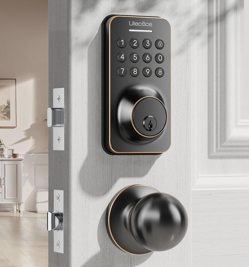Ulecoce Keyless Entry Keypad Deadbolt with Handle Set, Auto-Lock + One-Touch Lock, 100 Codes + Easy Install, Ideal for Airbnb/Homes/Offices, Fits U.S. Standard Front Doors, Oil Rubbed Bronze - Image 1