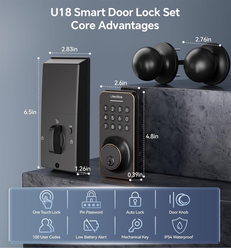 Ulecoce Keyless Entry Keypad Deadbolt with Handle Set, Auto-Lock + One-Touch Lock, 100 Codes + Easy Install, Ideal for Airbnb/Homes/Offices, Fits U.S. Standard Front Doors, Oil Rubbed Bronze - Image 3