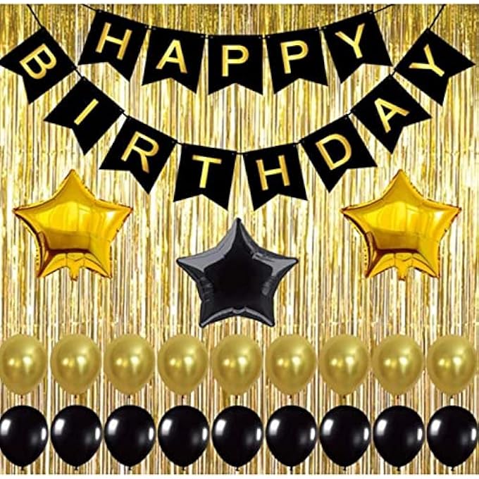 AM ANNA Black,Gold Balloons and Paper Pom Poms Party Supplies for Birthday Decoration With Pale Champagne Metallic Foil Fringe Tinsel Curtain Happy Birthday Party Decoration Backdrop,Black Decoration Kit - Image 4