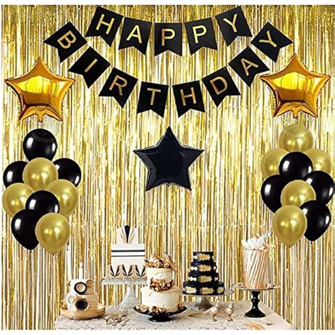 AM ANNA Black,Gold Balloons and Paper Pom Poms Party Supplies for Birthday Decoration With Pale Champagne Metallic Foil Fringe Tinsel Curtain Happy Birthday Party Decoration Backdrop,Black Decoration Kit - Image 1
