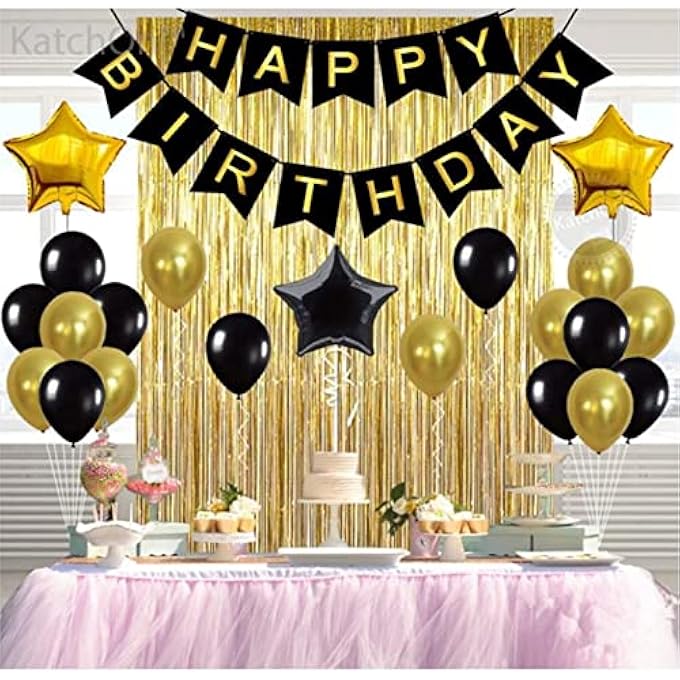 AM ANNA Black,Gold Balloons and Paper Pom Poms Party Supplies for Birthday Decoration With Pale Champagne Metallic Foil Fringe Tinsel Curtain Happy Birthday Party Decoration Backdrop,Black Decoration Kit - Image 2