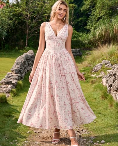 GLNEGE Floral Corset Midi Dress Milkmaid Casual V Neck Flowy A Line Sundress Wedding Guest Dresses with Pockets 2026 - Image 4