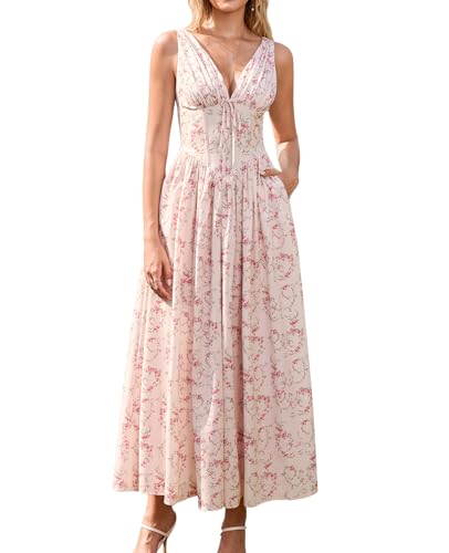 GLNEGE Floral Corset Midi Dress Milkmaid Casual V Neck Flowy A Line Sundress Wedding Guest Dresses with Pockets 2026 - Image 1