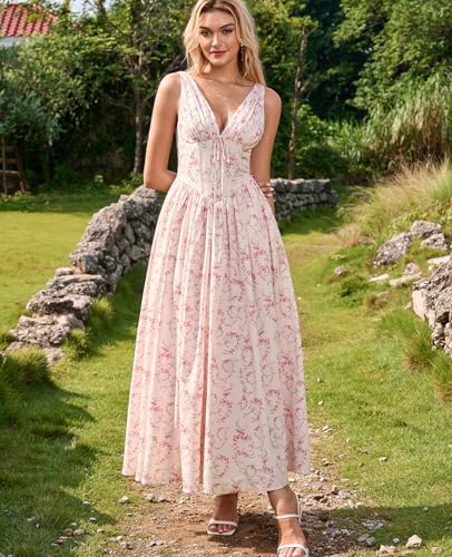 GLNEGE Floral Corset Midi Dress Milkmaid Casual V Neck Flowy A Line Sundress Wedding Guest Dresses with Pockets 2026 - Image 2