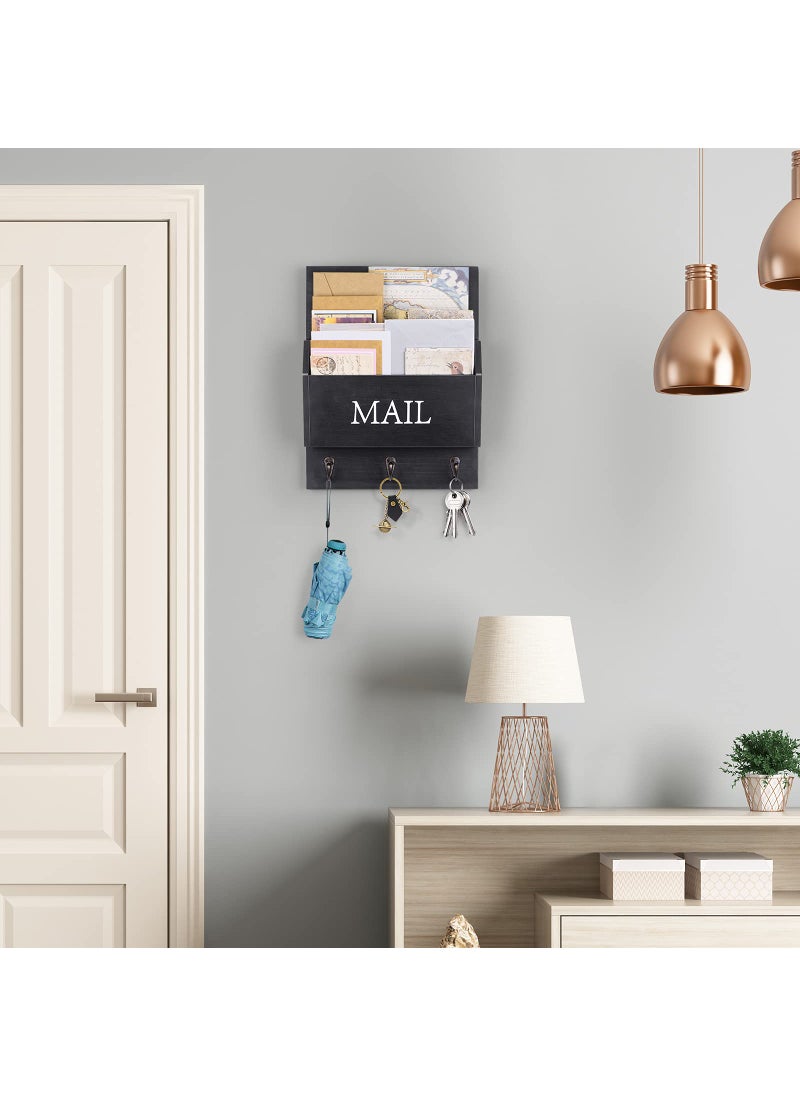 DLQuarts DLQuarts Mail Organizer with Key Holder for Wall, Mail Sorter Wall Mounted, Decorative Wooden Key and Mail Holder with 3 Hooks, Black  - Image 2