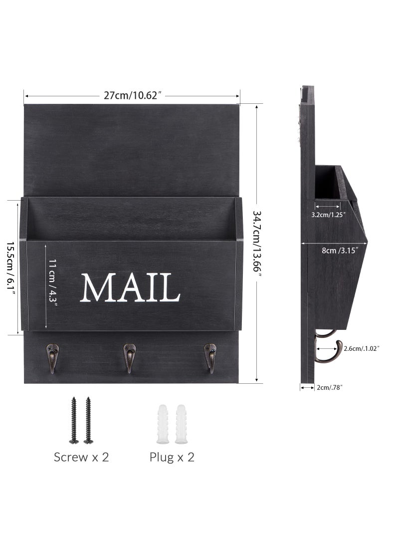 DLQuarts DLQuarts Mail Organizer with Key Holder for Wall, Mail Sorter Wall Mounted, Decorative Wooden Key and Mail Holder with 3 Hooks, Black  - Image 5