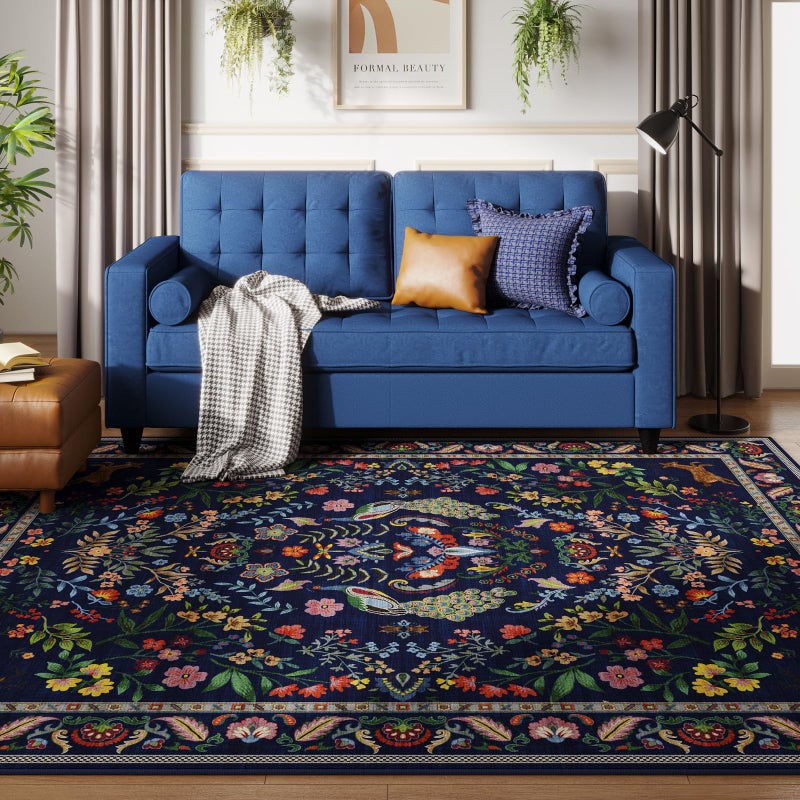 Rugcomf 8x10 Area Rugs for Living Room Washable Rug Floral Non-Slip Large Rug for Living Room, Bedroom, Farmhouse, Dining Room, Kids Playroom(Blue) - Image 5